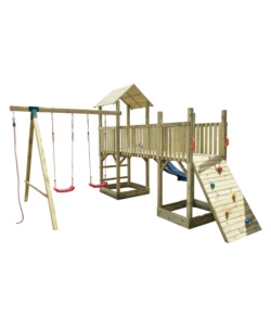 Gioco da giardino per bambini con torretta doppia, scivolo e altalena, 480x410x280 cm